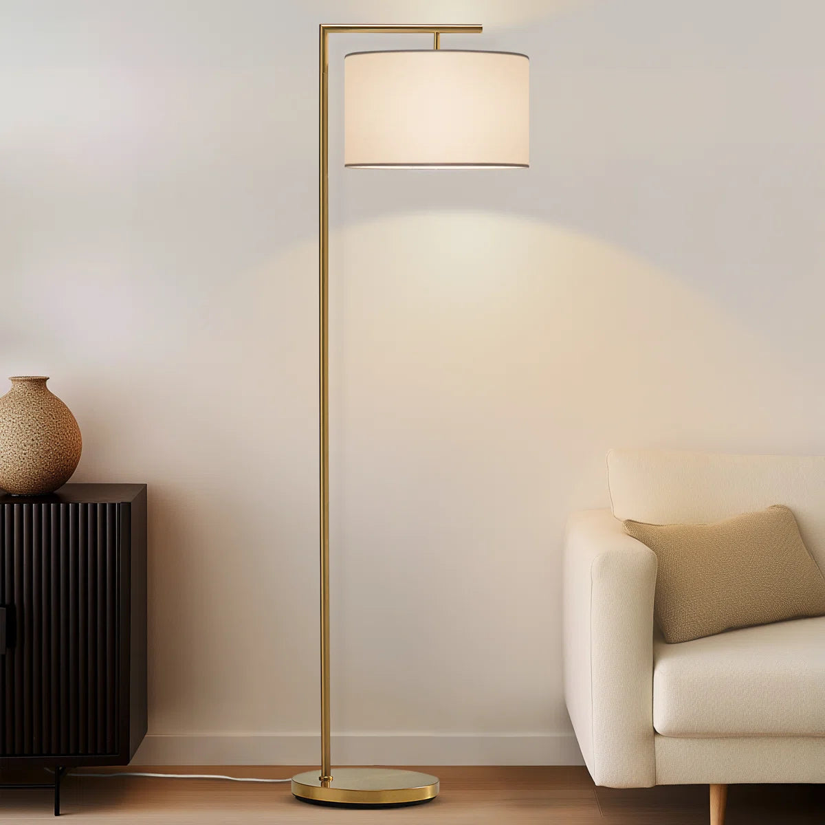 Montage Modern 60" Gold LED Floor Lamp with White Fabric Drum Shade, Bulb Included