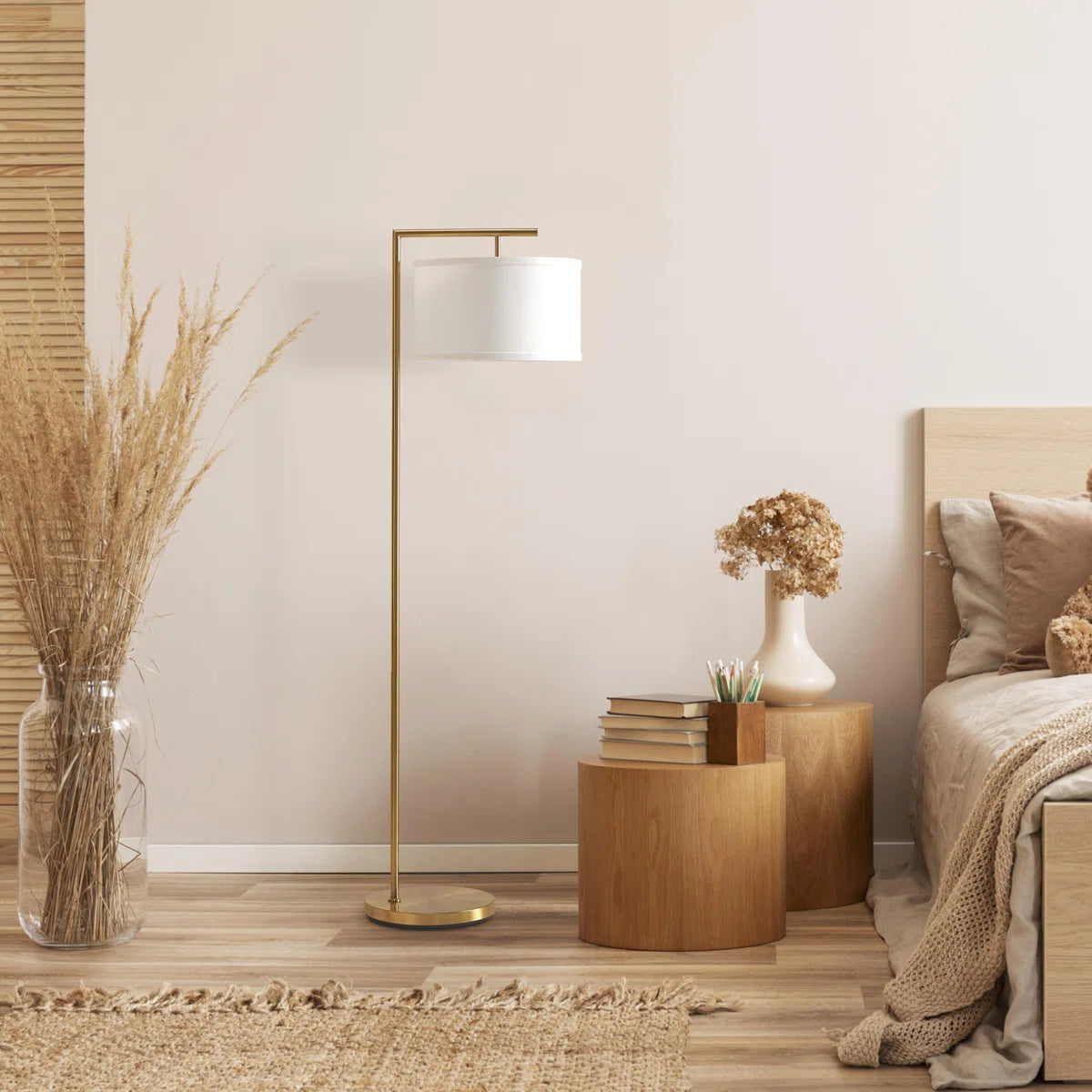 Montage Modern 60" Gold LED Floor Lamp with White Fabric Drum Shade, Bulb Included
