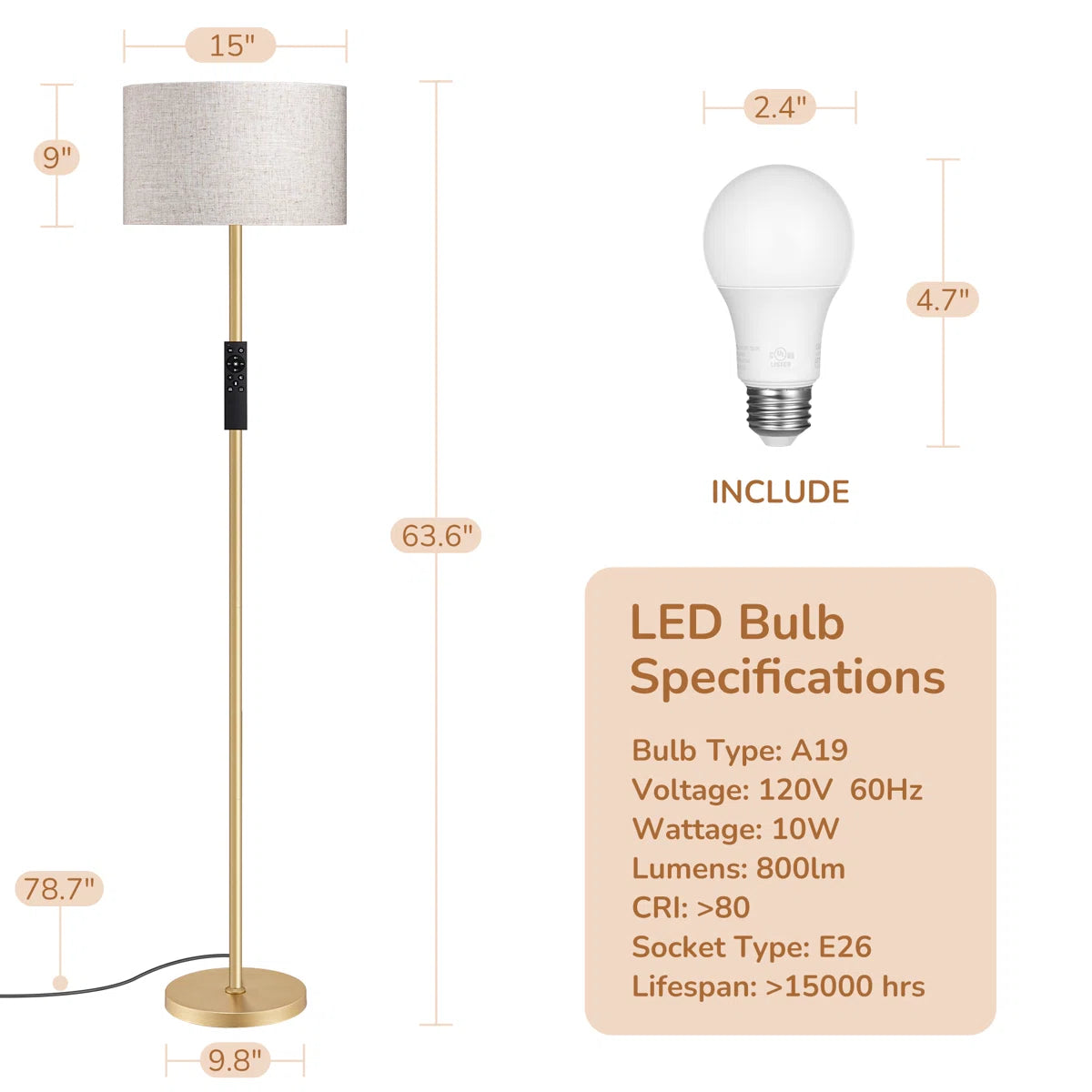 63.6'' Standard Floor Lamp With Remote Control And Bulb Included