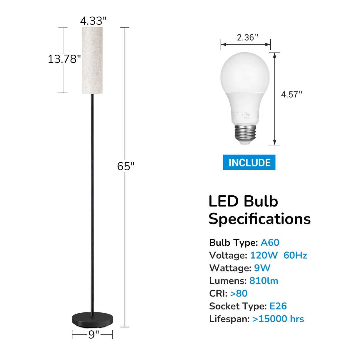 Smathering 65'' Traditional Floor Lamp with Remote Control and Bulb Included