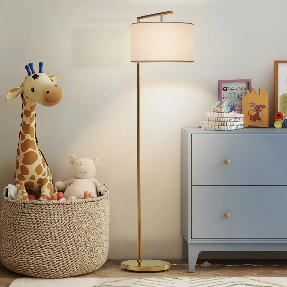 Montage Modern 60" Gold LED Floor Lamp with White Fabric Drum Shade, Bulb Included