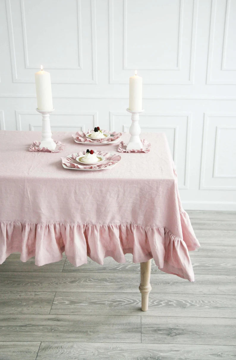 Linen Ruffled Dusty Rose Tablecloth | Custom Pastel Tablecloth From Soft Stone Washed Linen | Pink Handmade Tablecloth With Ruffle