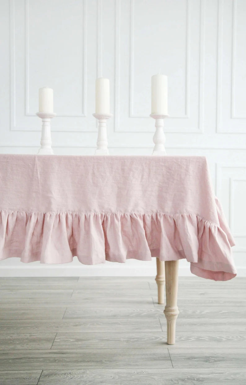 Linen Ruffled Dusty Rose Tablecloth | Custom Pastel Tablecloth From Soft Stone Washed Linen | Pink Handmade Tablecloth With Ruffle