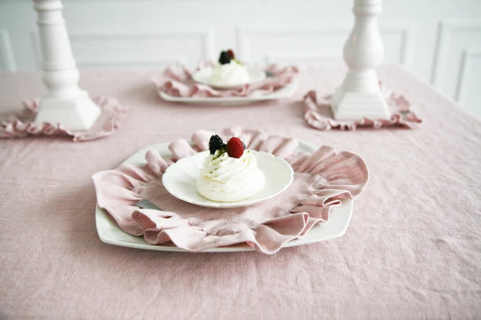Linen Ruffled Dusty Rose Tablecloth | Custom Pastel Tablecloth From Soft Stone Washed Linen | Pink Handmade Tablecloth With Ruffle